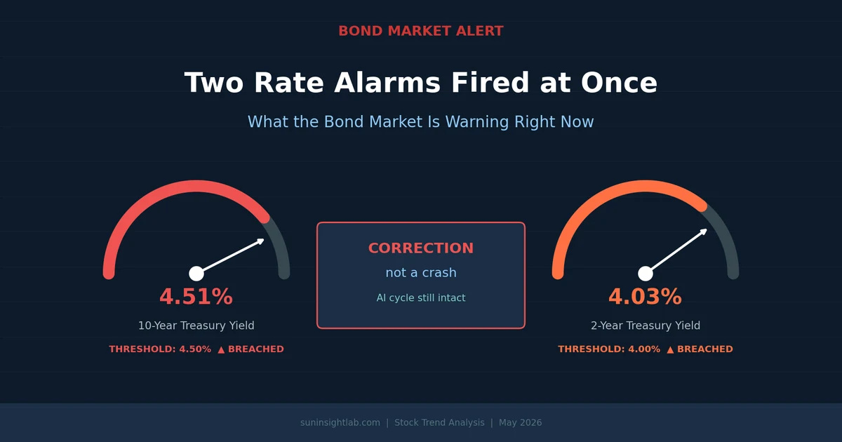 Two yield gauges showing 10-year Treasury at 4.51% and 2-year at 4.03%, with the label 'CORRECTION not a crash' — May 2026 market summary