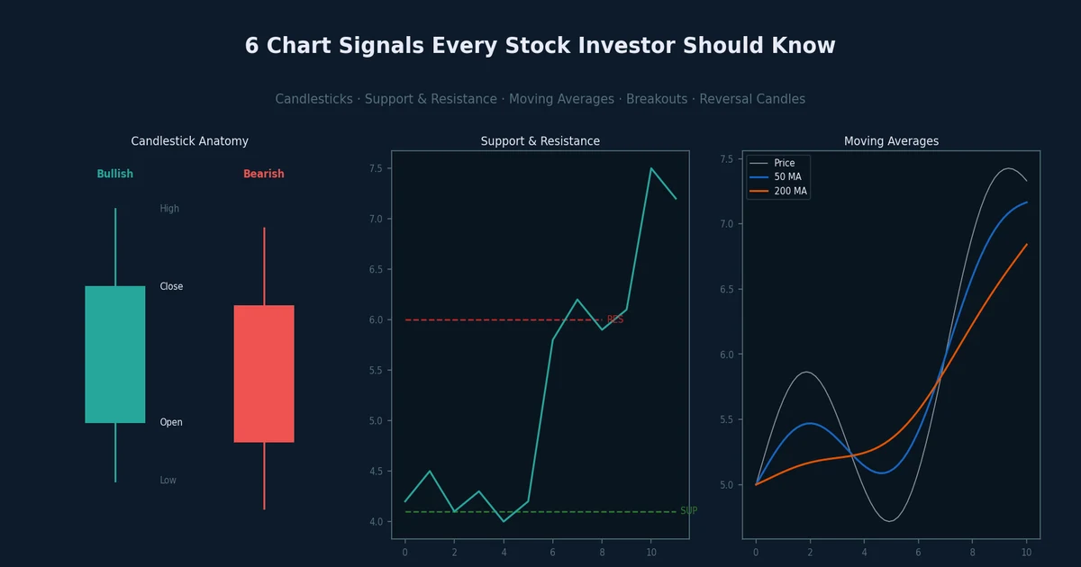 Three chart panels illustrating candlestick anatomy, support and resistance lines, and 50/200-day moving averages on a stock price chart