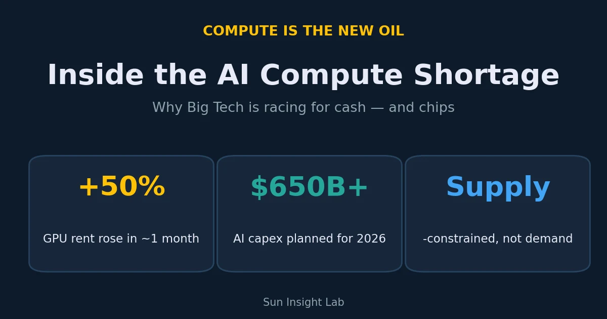 Title card reading 'Compute is the new oil — Inside the AI compute shortage' with three stats: GPU rent up 50% in a month, $650B+ AI capex in 2026, supply-constrained not demand.