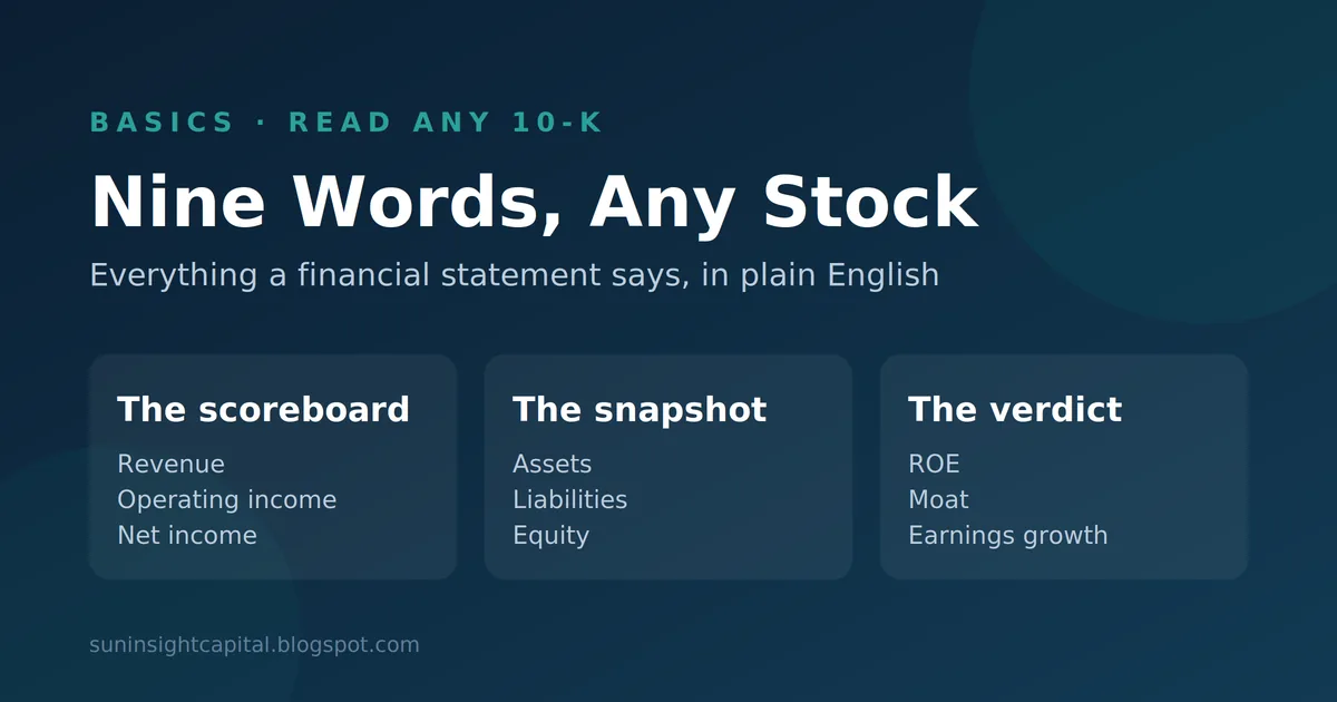 Nine words to read any stock: revenue, operating income, net income, assets, liabilities, equity, ROE, moat, earnings growth